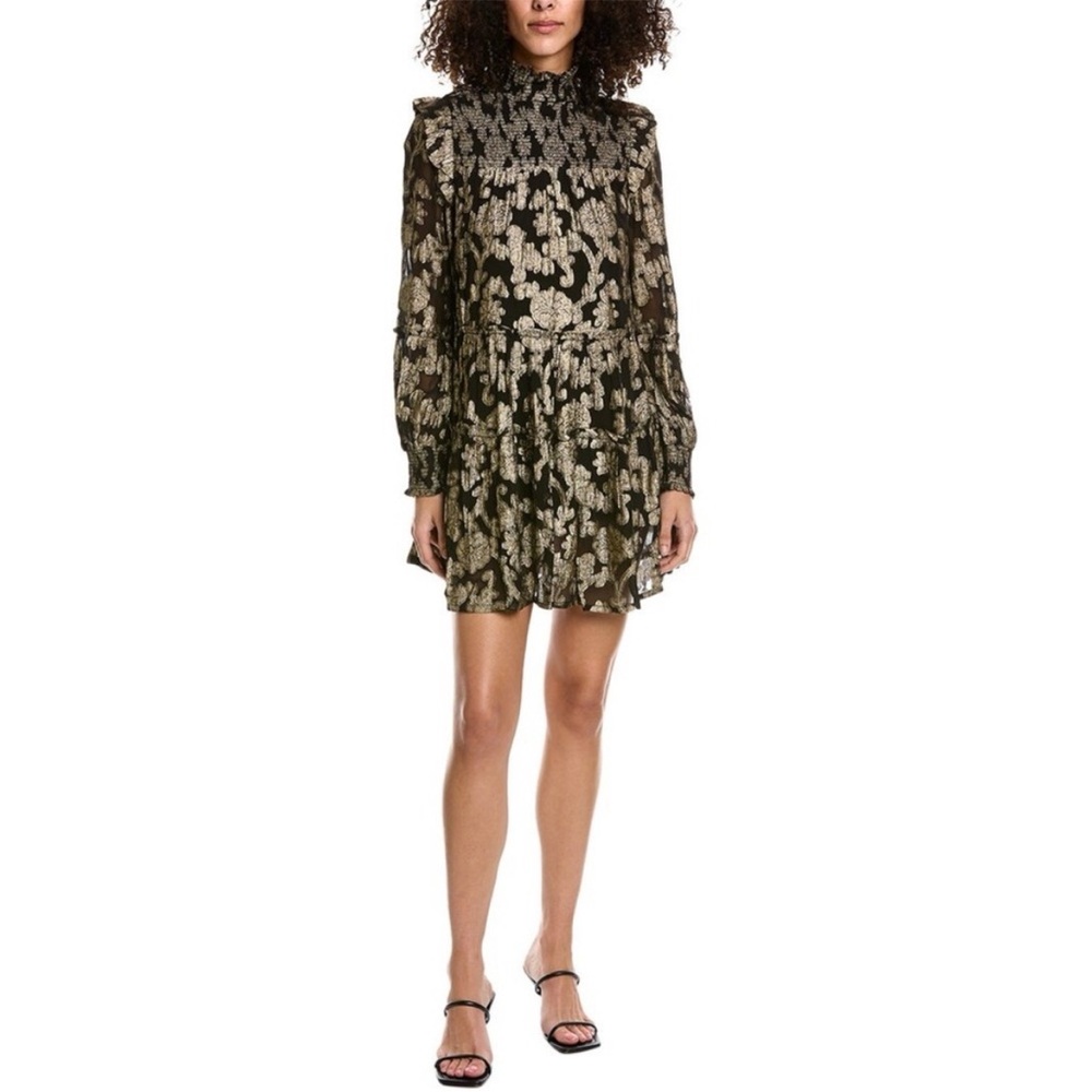 ELAN Metallic Mock Neck Mini Dress Women's M Black/Gold Floral Back Zip Closure - Picture 3 of 13